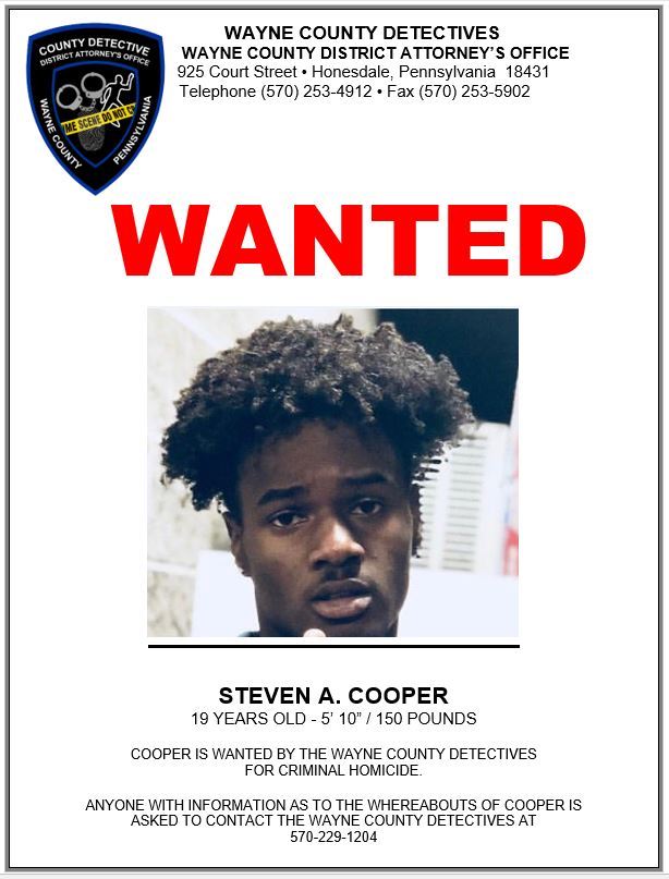 Wanted poster showing suspect Steven A. Cooper, 19, who stand 5-foot-10 and weighs 150 lbs.