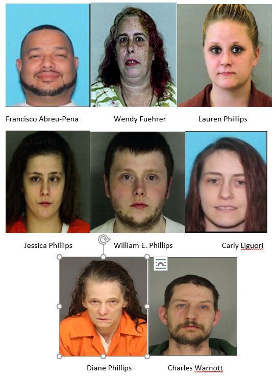 Series of mug shots of eight defendants in a drug ring associated with three overdoes deaths.