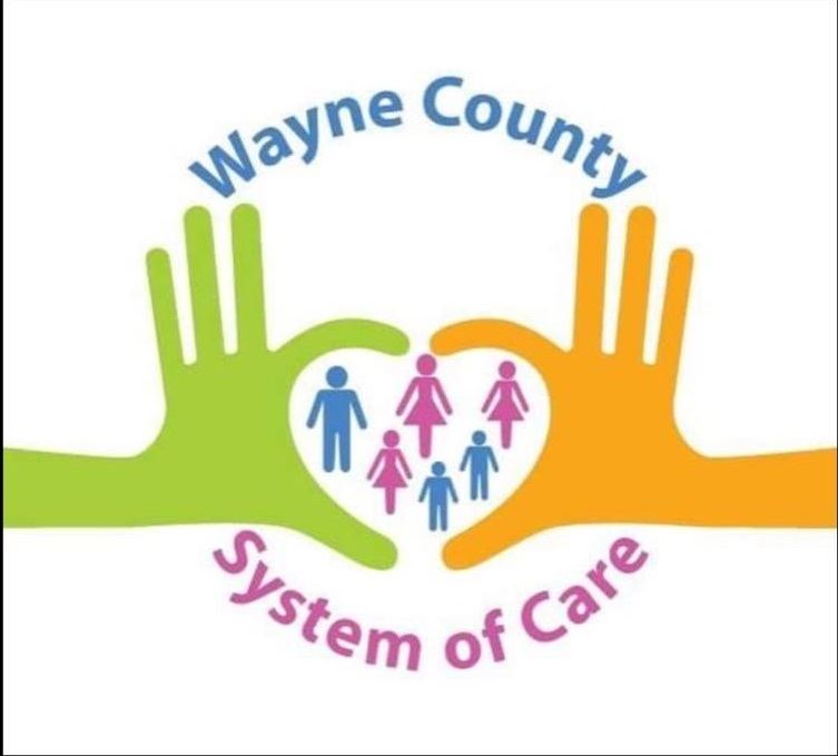 Cartoon hands form a heart containing cartoon people as part of the Wayne County System of Care logo