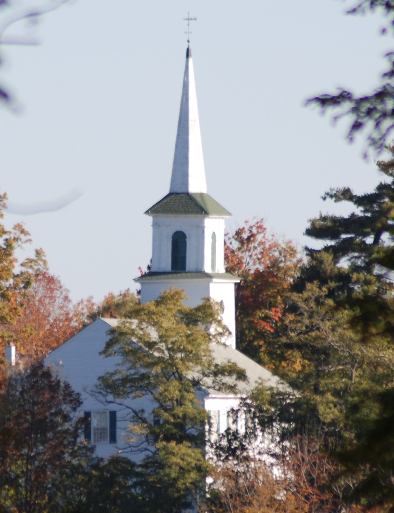An image of the Bethany Presbyterian Church bell tower in autumn.