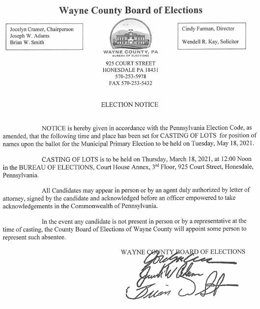 A notice from the Board of Elections setting the Casting of Lots for the May Primary on March 18.
