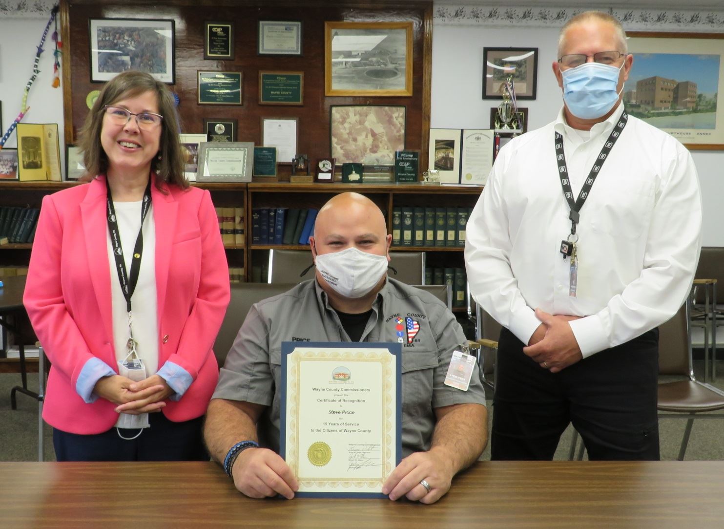 Steve Price  with the Commissioners marking 15 years of service to the people of Wayne County.