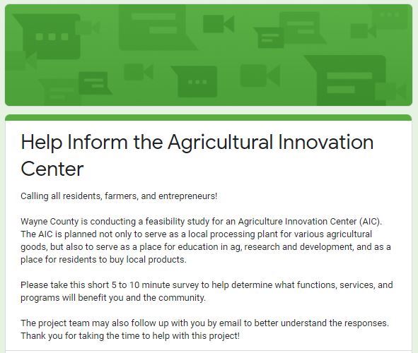 An image of the introduction to the public input survey on the proposed Ag Innovation Center.