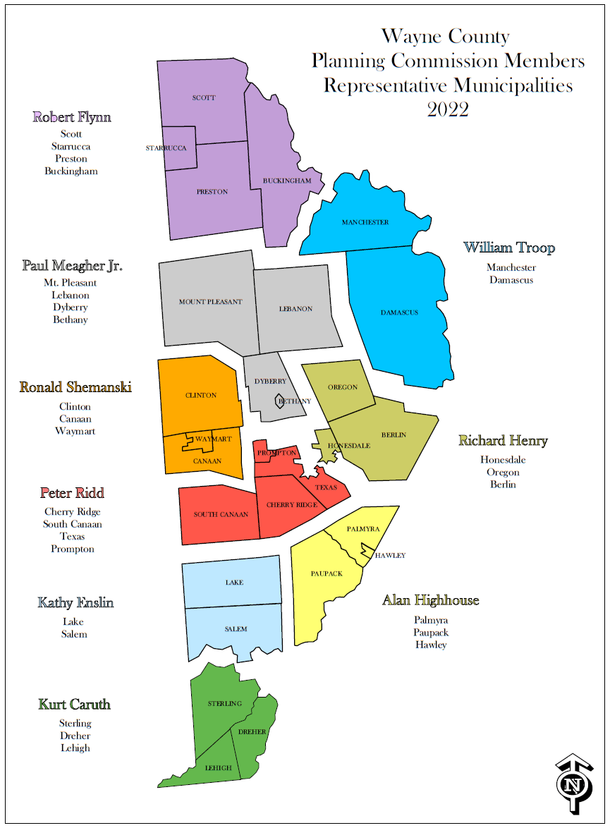 A map of Wayne County outlining the representative territories of the Planning Commission members.